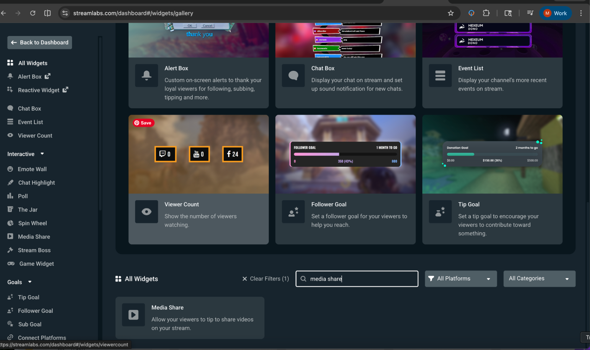 streamlabs media share widget in web dashboard